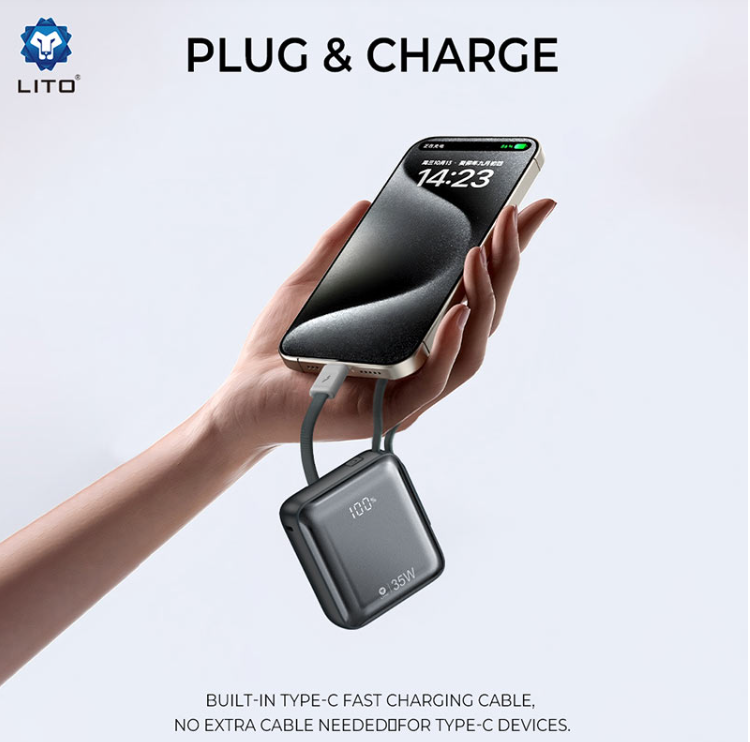 LITO LP12 Mini Power Bank 10000mAh – 35W Fast Charging with Built-in Type-C Cable