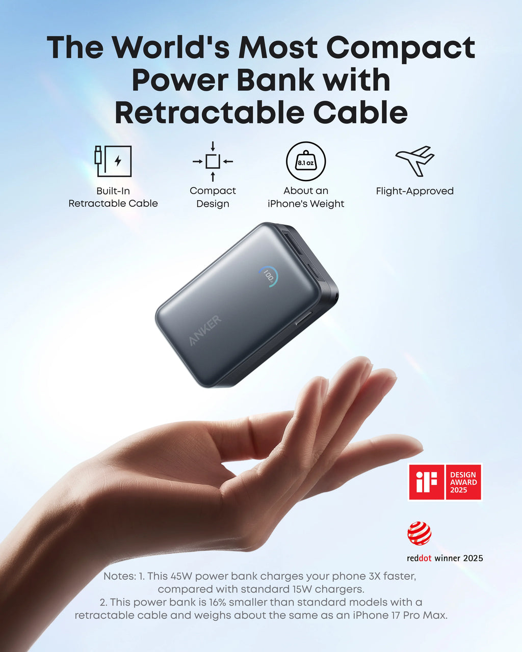 Anker Nano Power Bank (10K, 45W, Built-In Retractable USB-C Cable) | A1638011