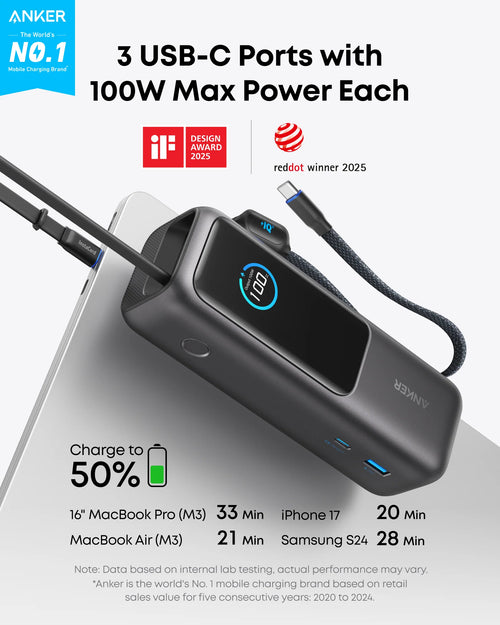 Anker Laptop Power Bank (25K, 165W, Built-In and Retractable Cables) | A1695H11