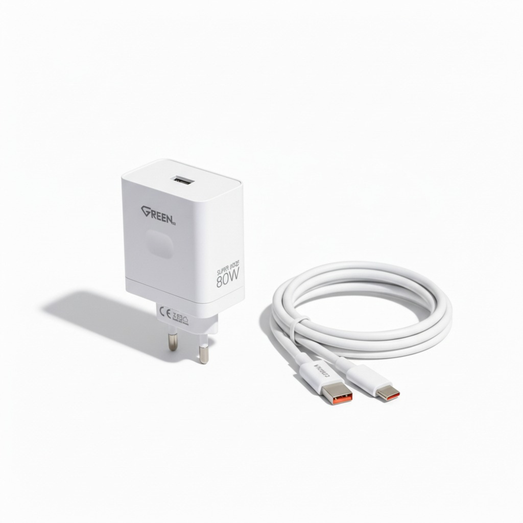 شاحن GREEN فائق السرعة بتقنية VOOC بقوة 80 واط مع كابل - أبيض