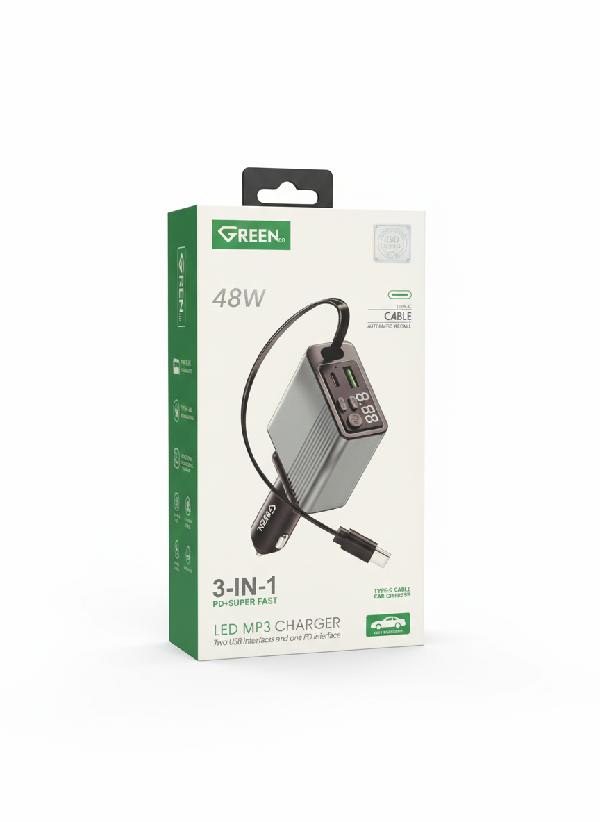 شاحن سيارة GREEN GE-Y086 بقوة 48 واط مع مشغل MP3 | ضمان لمدة عام