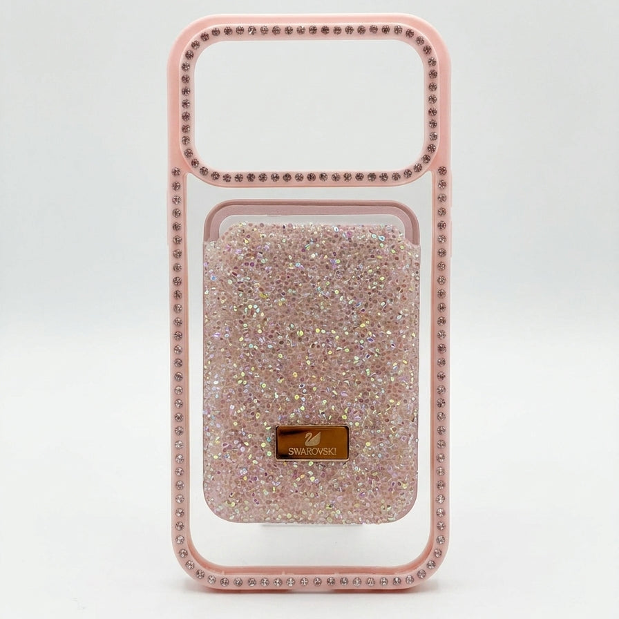 Phone case studded with Swarovski stones and framed by sparkling diamonds.
